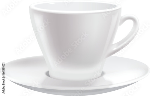 A clean, white ceramic coffee cup with a handle, resting on a matching white saucer, photographed against a white background.
