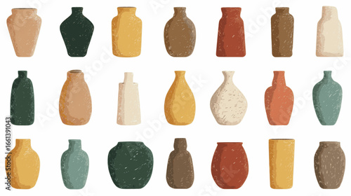 A row of vases with different colors and patterns. The vases are arranged in a line, with some being taller and others shorter. The scene is one of variety and diversity
