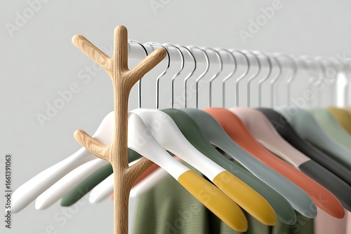 Stylish Clothes Hangers on Rack with Wooden Support and Colorful Modern Design Elements