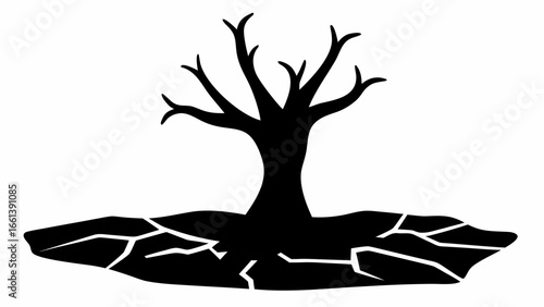 Silhouette of a barren tree on cracked earth symbolizing drought and environmental degradation in monochrome art