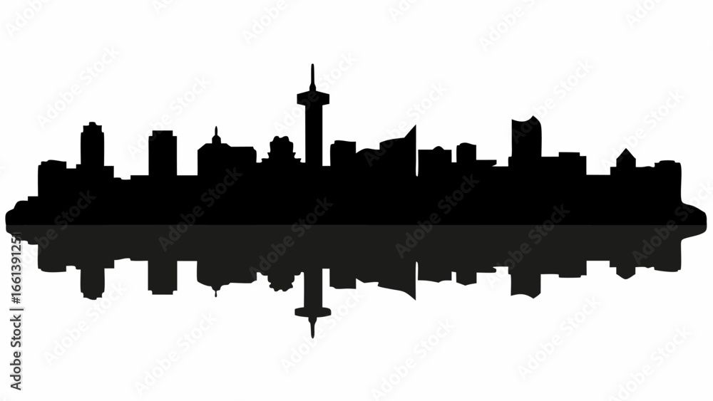 Fototapeta premium Black silhouette of a city skyline with various buildings and a reflection on a white background view scape