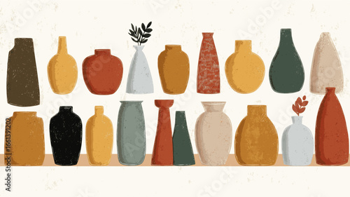 A row of vases with different colors and shapes. The vases are arranged in a line, with some taller and some shorter. Scene is one of variety and diversity
