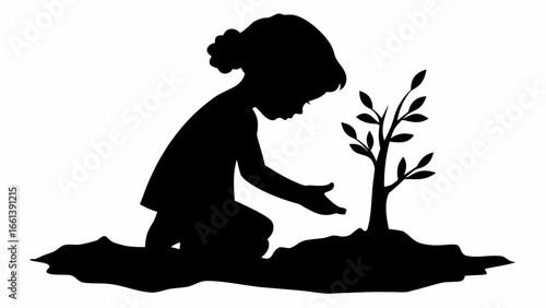 Silhouette of a young girl kneeling and planting a small tree in the ground with care and attention shown