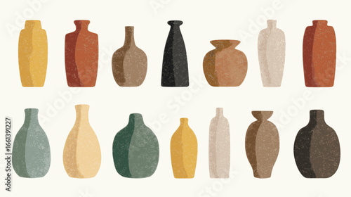 A collection of vases with different colors and sizes. The vases are arranged in a row, with some overlapping each other. The scene is one of variety and diversity
