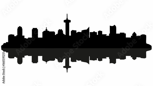 Black silhouette of a city skyline with various buildings and a reflection on a white background view scape