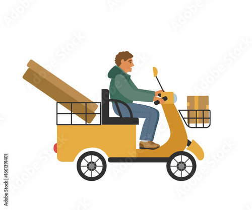 Delivery of parcels and boxes on a yellow electric scooter. The courier guy carries the orders. Vector illustration for design.