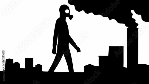 Silhouette of a person wearing a gas mask walking in a polluted city with factory smoke in the background