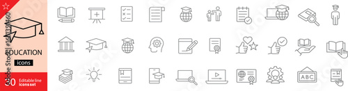 Education Line Icons Set. Collection of 30 outline icons representing learning, teaching, academic subjects, classroom activities, and student life. Editable stroke. Vector illustration. 
