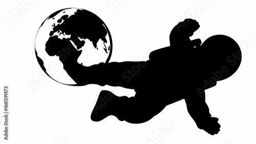 Silhouette of astronaut floating with earth globe in space in black and white graphic illustration
