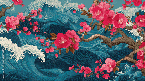 A painting of a tree with pink flowers and blue water. The mood of the painting is serene and peaceful