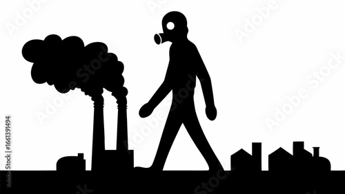 Silhouette of a person wearing a gas mask walking near industrial pollution and city buildings at risk