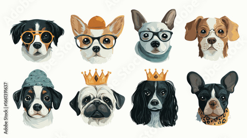 A set of dog faces with glasses and hats, one of which has a crown. The dogs are all different breeds and sizes, and they all have unique features that make them stand out. Scene is playful and fun