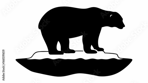 Silhouette of a polar bear standing on a melting ice floe in a stark black and white illustration