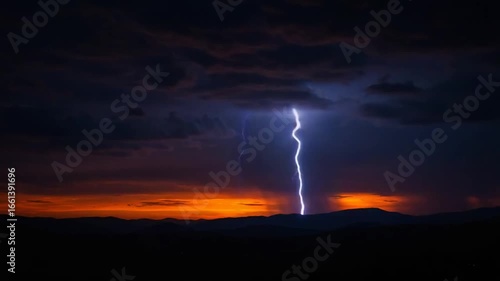 Wallpaper Mural Bright lightning bolt striking over dark stormy sky during sunset with silhouetted mountains Torontodigital.ca