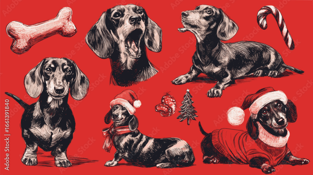 Fototapeta premium A collection of black and white drawings of dogs wearing Santa hats and Christmas decorations. Scene is festive and cheerful