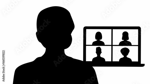 Silhouette of a person in a video conference with four participants on a laptop screen display online