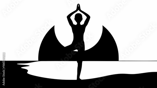 Silhouette of a person in tree pose with hands in prayer position against a black and white background