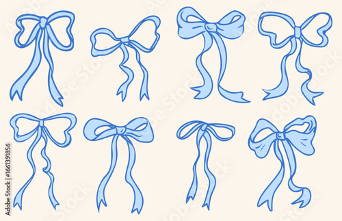 Hand drawn elegant blue bows and ribbons. Minimalist drawing sketch. Vintage vector illustration. Perfect for holiday poster, greeting cards, invitations