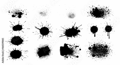 A collection of twelve black ink splatter and blot illustrations isolated on a white background, showcasing various shapes and textures.
