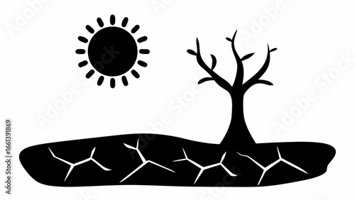 Illustration of a barren landscape featuring a dead tree cracked earth and a blazing sun in black and white silhouette
