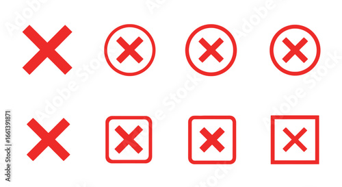 Collection of red X mark icons, including simple crosses, crosses within circles, and crosses within squares, arranged in two rows.