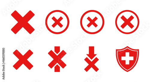 A collection of red cross icons, including variations with circles, arrows, and a shield, presented on a white background.