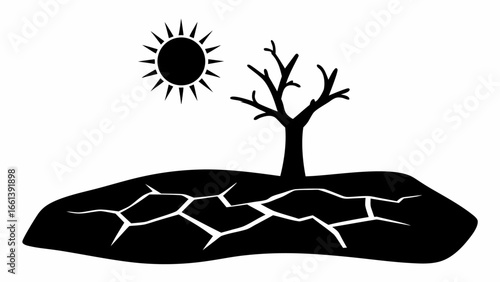 Silhouette of barren tree on cracked earth under a blazing sun depicting drought and environmental degradation