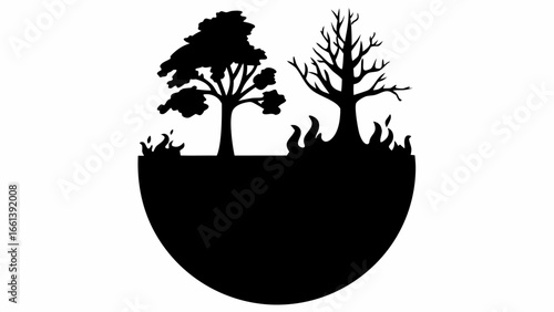 Silhouette illustration of two trees one alive and one dead with flames in a circular frame design