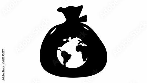 A silhouette of a money bag containing a world globe centered in the bag on a white background view