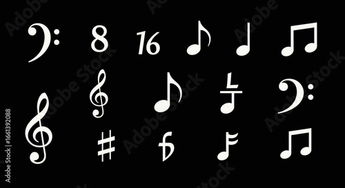 A collection of white musical symbols and notations arranged on a black background, including clefs, notes, and numbers.