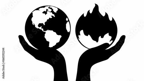 Hands holding earth and fire representing climate change and environmental issues in black and white silhouette