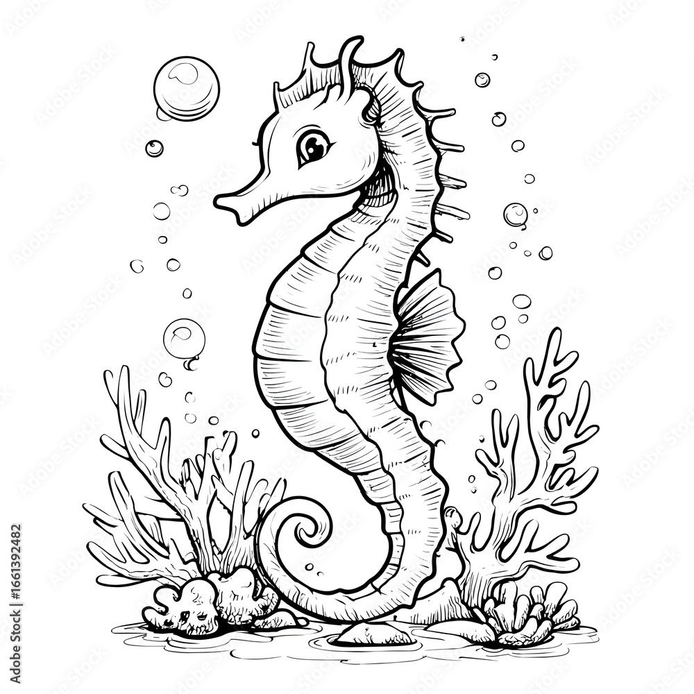 Fototapeta premium Seahorse in the ocean with corals and bubbles coloring page