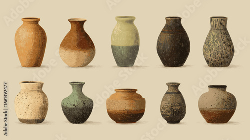 A set of ten vases with different colors and designs. The vases are arranged in a row, with some being taller and others shorter. Scene is one of variety and diversity