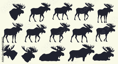 A pattern of moose silhouettes in various poses, including standing, walking, and lying down, arranged on a light background.