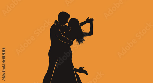 Passionate couple dancing intimately in silhouette against vibrant orange sunset backdrop for romantic designs