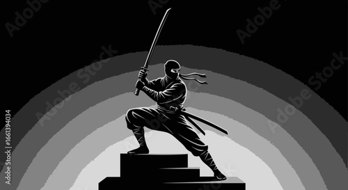 Dynamic ninja warrior poised with katana sword in striking black and white action pose, ready for battle