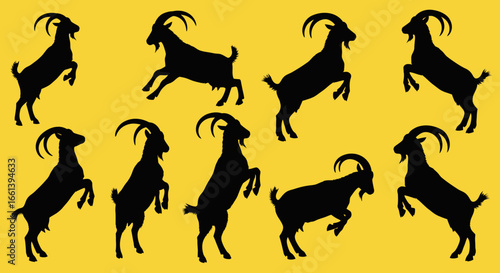 Dynamic goat silhouettes prancing on a vibrant yellow background for a fun, energetic design project