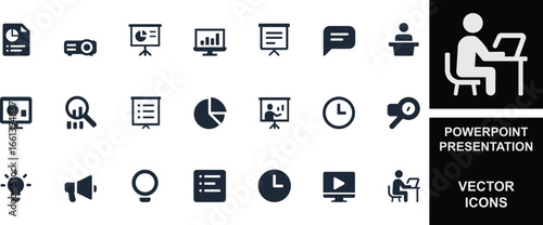 PowerPoint tools icon set with slides, charts, tables, images, media, and text symbols. Perfect for business reports, education, seminars, meetings, and professional presentations.