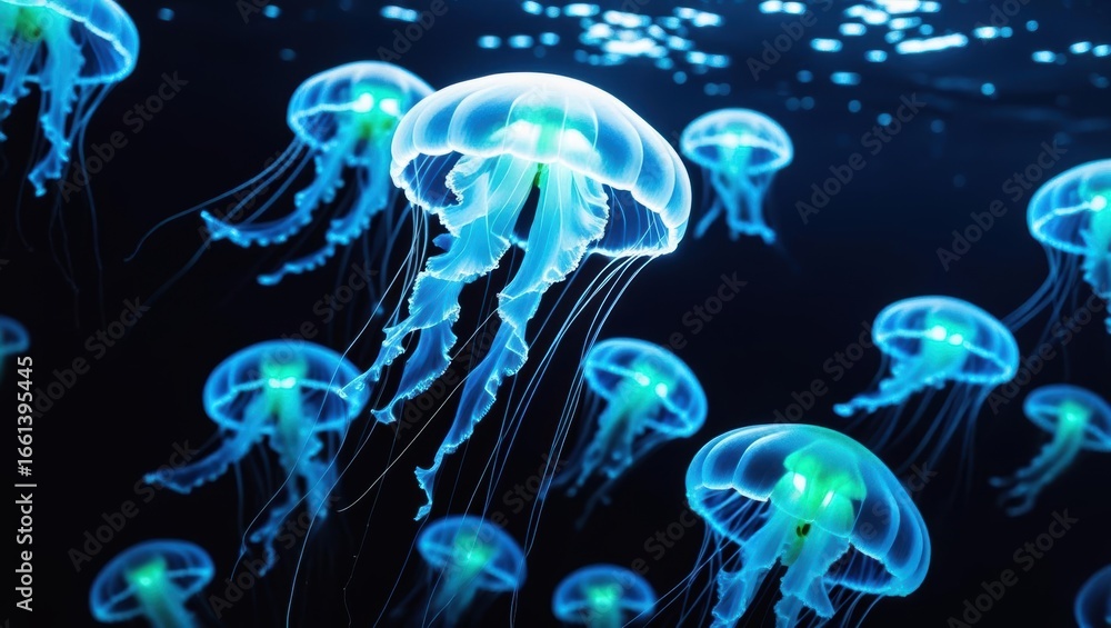 Fototapeta premium Ethereal Jellyfish Gliding Through Deep Ocean Waters at Night