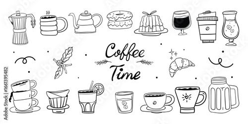 Doodle coffee shop icons outline hand drawn, Vector doodle icons of coffee and desserts, coffee time collection.