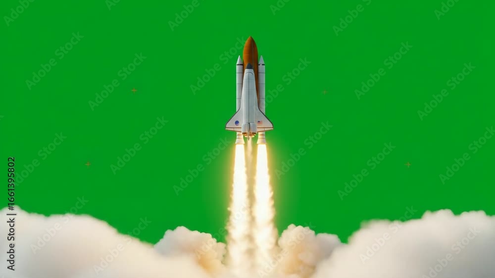 Rocket Launching Into Sky With Bright Flames and Smoke Against Green Screen Background Rocket Launching Into Sky With Bright Flames and Smoke Against Green Screen Background
