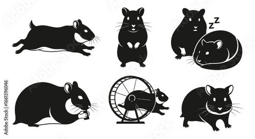 Adorable hamster silhouettes for pet lovers, playful rodents running, eating, sleeping and exercising in a wheel