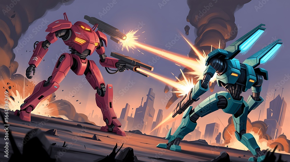 Fototapeta premium Intense futuristic robot battle two advanced mechs fighting with laser weapons in a destructive sci-fi arena