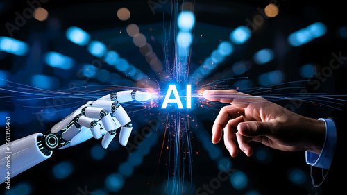 Robotic and human hands touch ai symbol amidst blurry futuristic cityscape network
