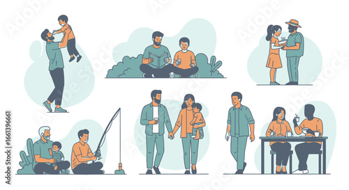 Diverse families enjoying quality time together in vibrant illustration, perfect for family-friendly content