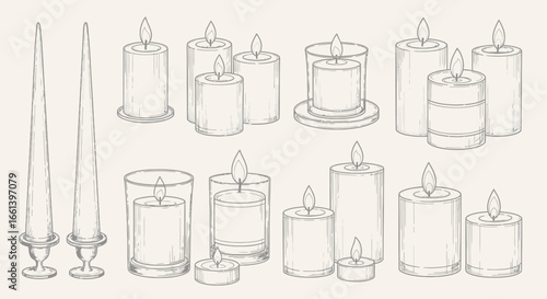 A collection of various candle illustrations, depicting different shapes and sizes, with flames.
