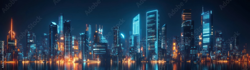Fototapeta premium Futuristic City Skyline with Neon Lights Reflected in Water