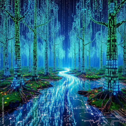 Digital Forest with Glowing Binary Code and Circuit Patterns