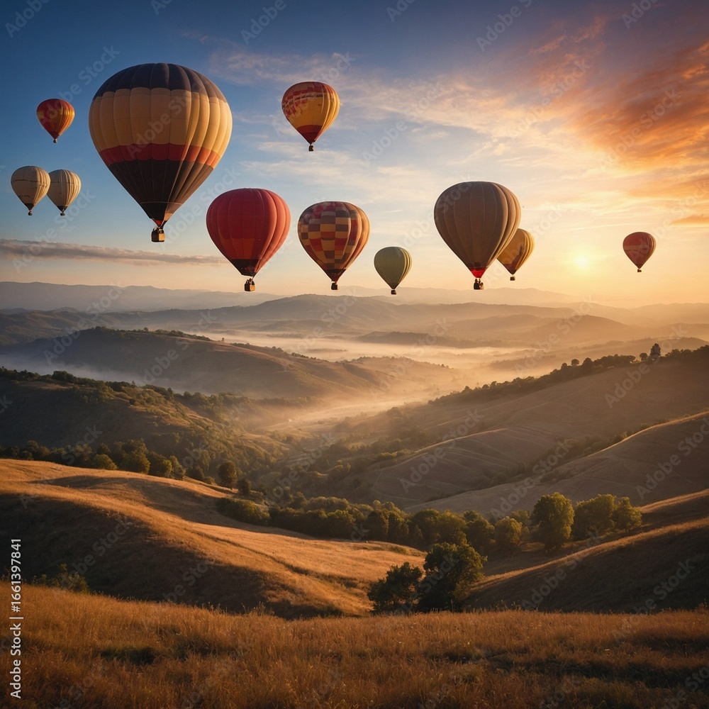 Fototapeta premium hot air balloons floating over valley at sunrise, dreamy landscape