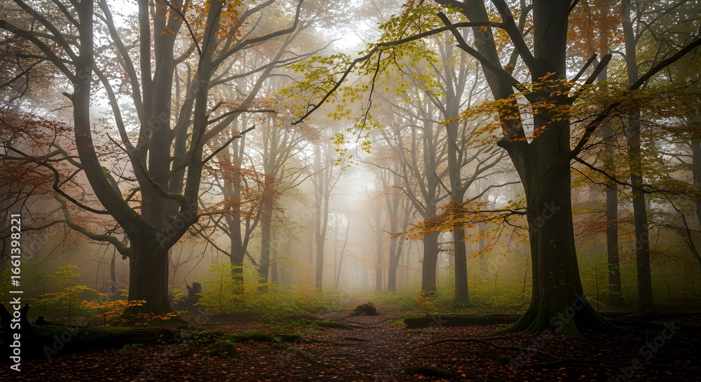 Fototapeta premium Ethereal Misty Autumn Forest Path with Bare and Leafy Trees